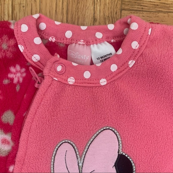 🌟3/$15🌟Disney Pink Floral Baby Minnie Mouse Fleece Footie Pajamas Onesie Sz 12M - Picture 4 of 9